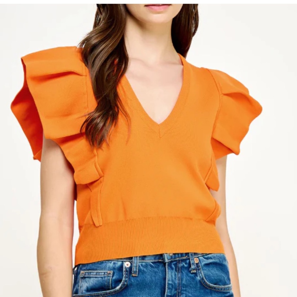 fab'rik Vibrant Orange Ruffle Sleeve Knit Top | S